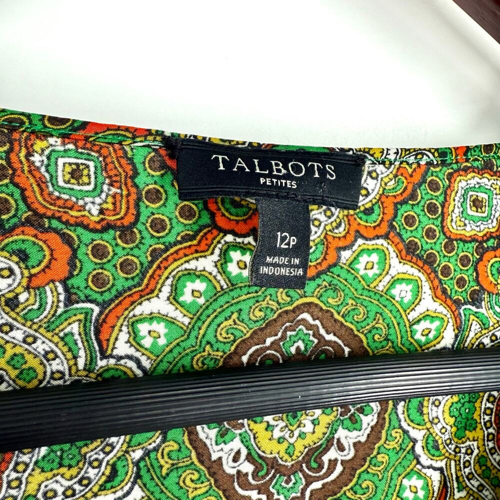 Talbots Sz 12P Petite Silky Green Orange Formal Business Blouse Shirt Top Artsy - Picture 2 of 8